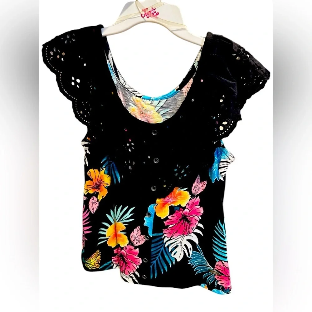 Justice Black and Pink Ruffled Blouse with Lace Neckline